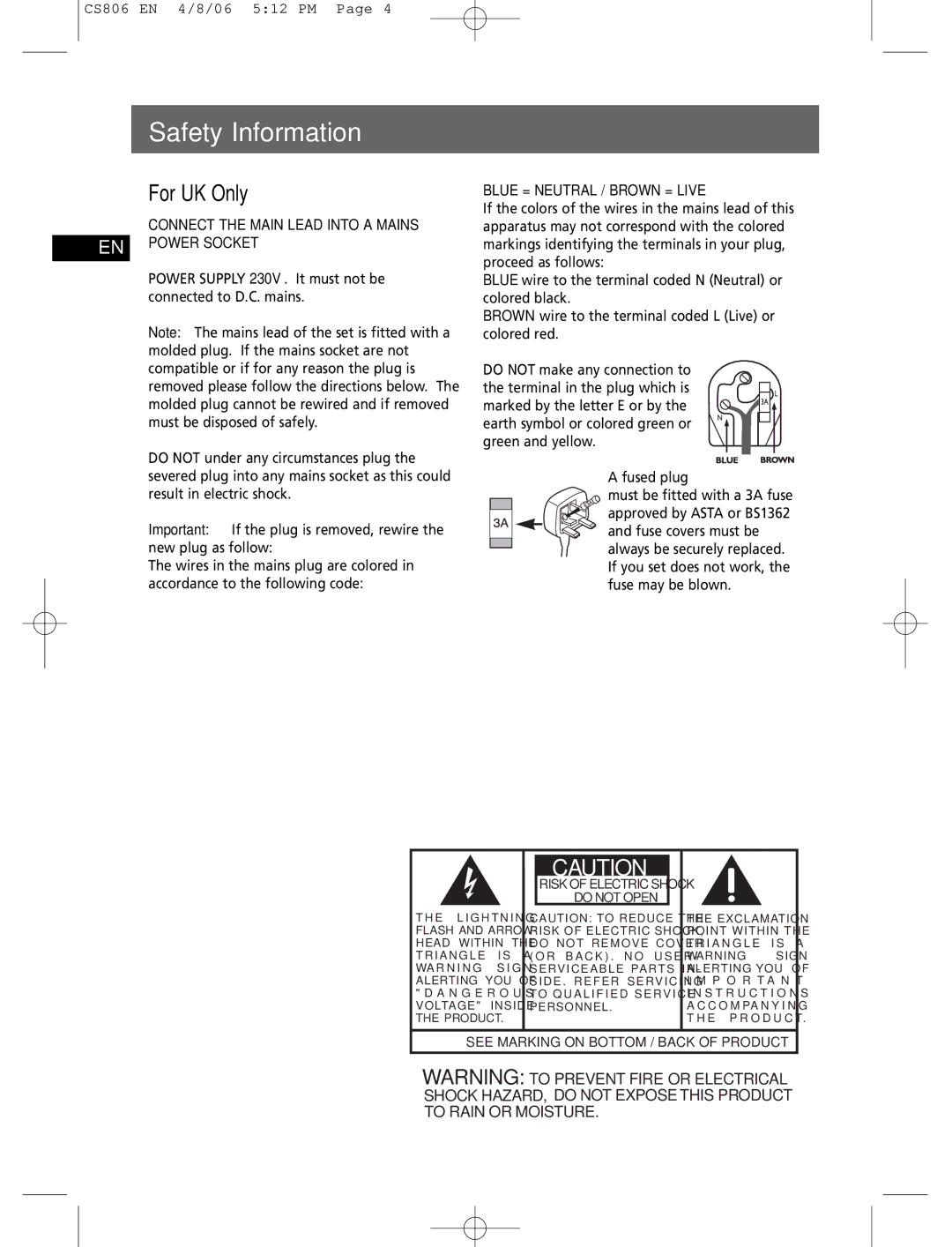 Technicolor - Thomson CS806 user manual Safety Information, For UK Only 