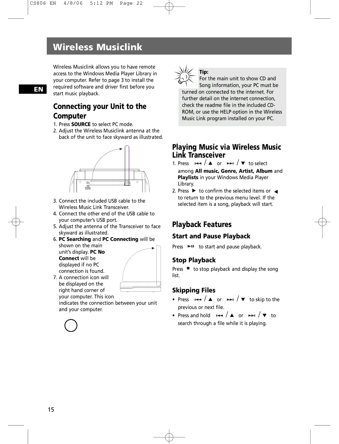 Technicolor - Thomson CS806 user manual Wireless Musiclink, Connecting your Unit to Computer, Playback Features 