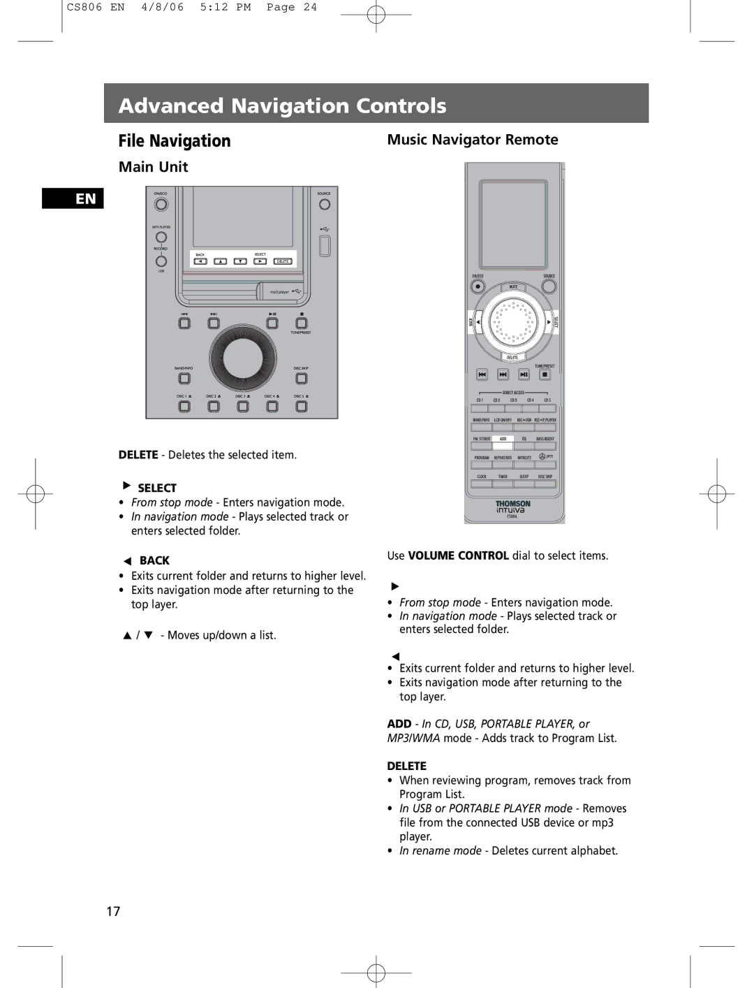 Technicolor - Thomson CS806 user manual Advanced Navigation Controls, File Navigation, Music Navigator Remote, Main Unit 