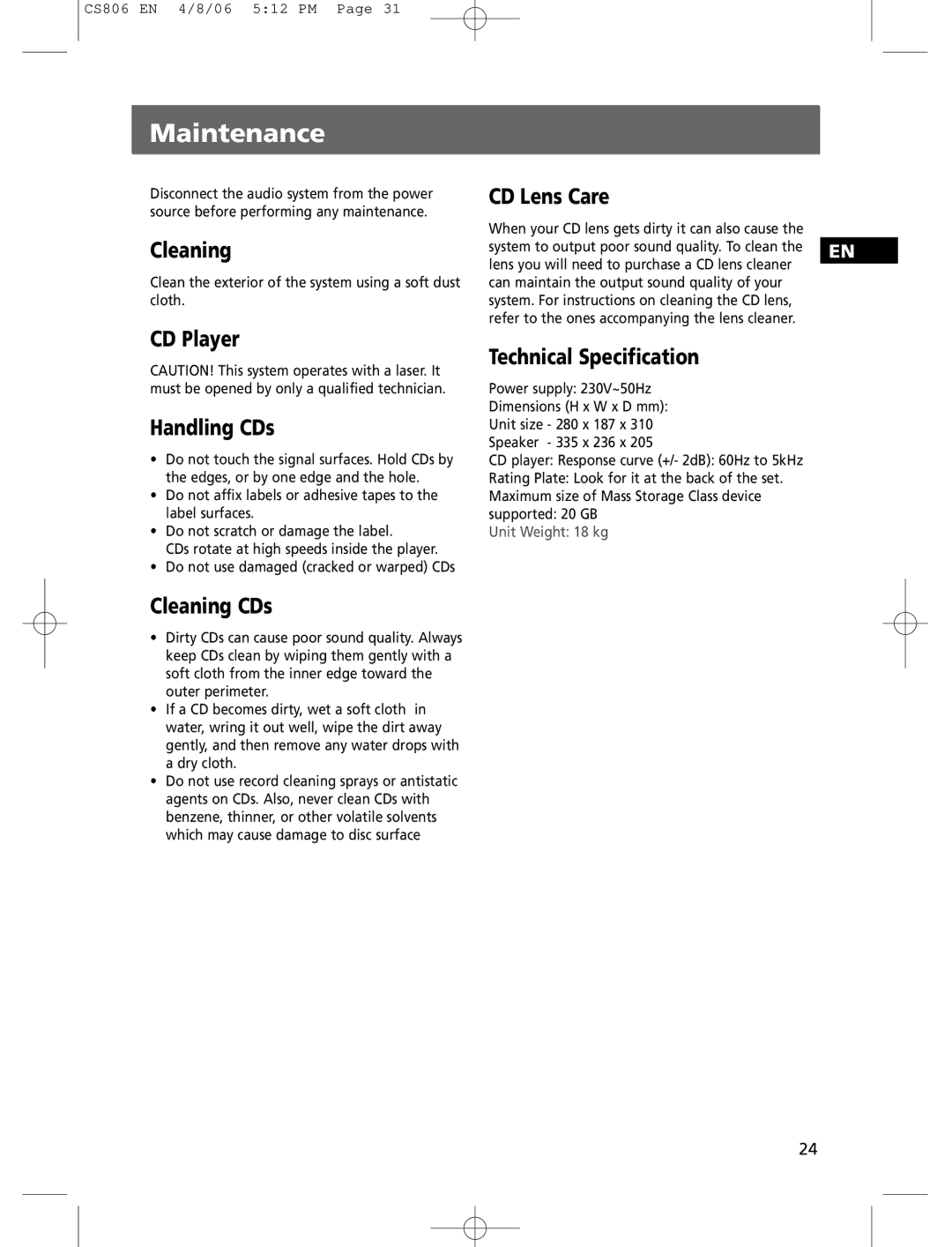 Technicolor - Thomson CS806 user manual Maintenance 