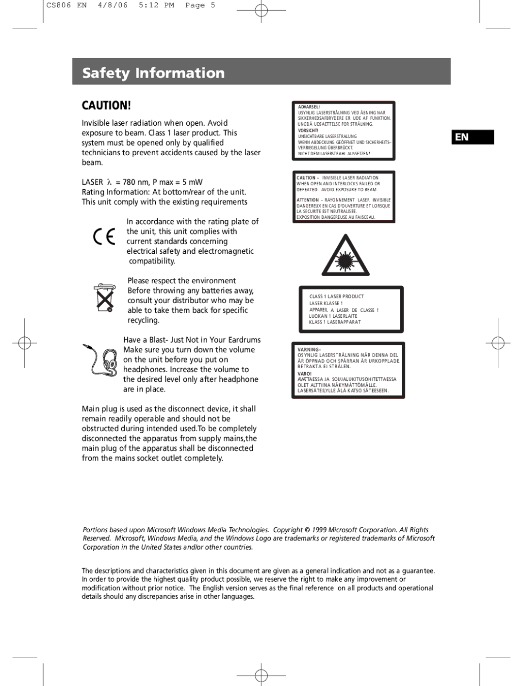 Technicolor - Thomson CS806 user manual Varning 