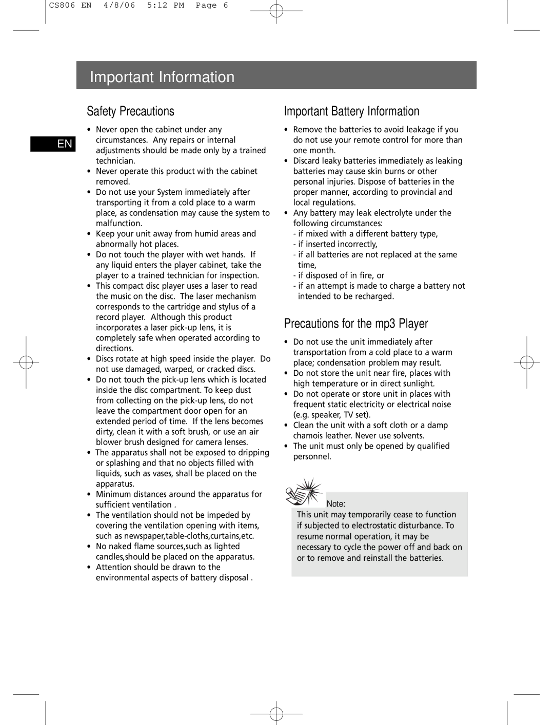 Technicolor - Thomson CS806 user manual Important Information, Safety Precautions, Important Battery Information 