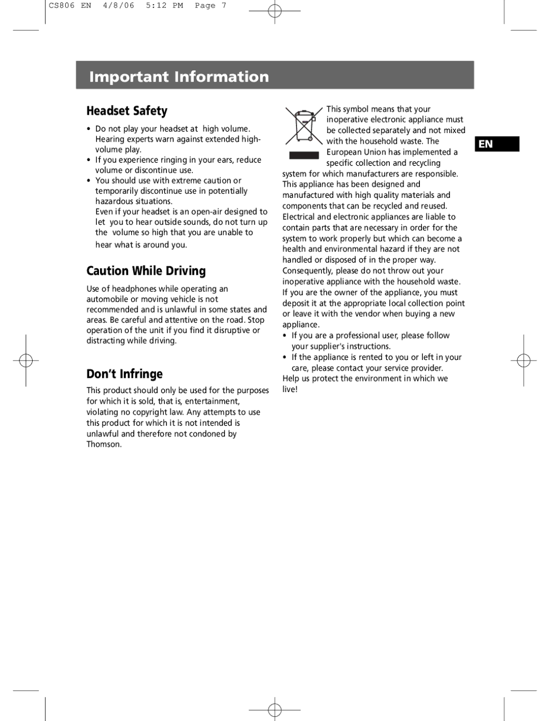 Technicolor - Thomson CS806 user manual Headset Safety, Don’t Infringe, Help us protect the environment in which we live 