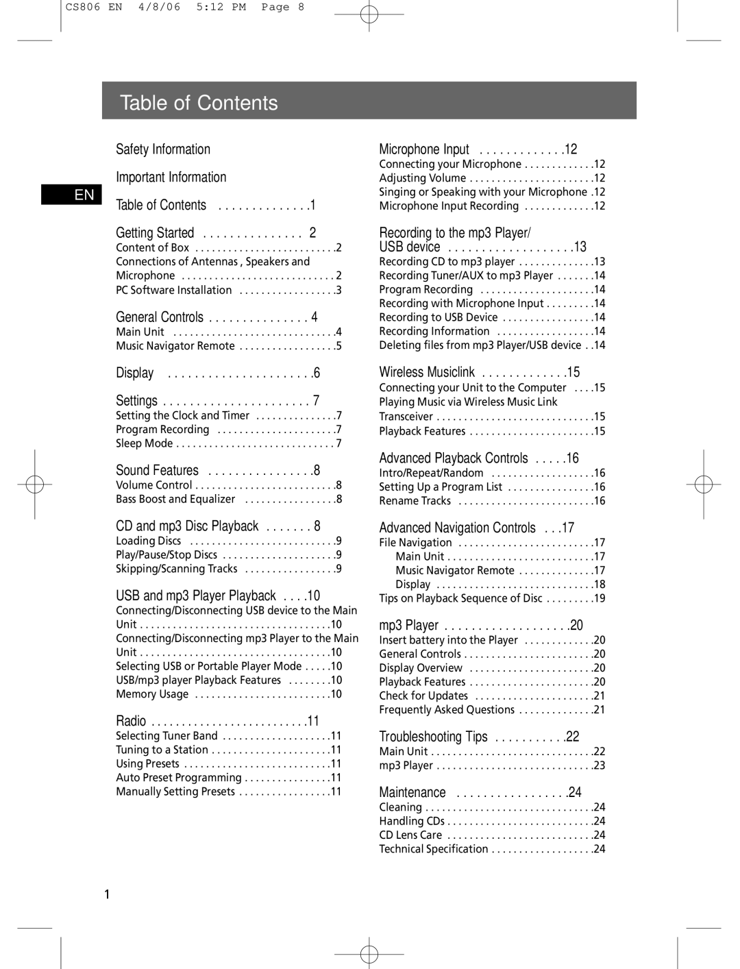 Technicolor - Thomson CS806 user manual Table of Contents 