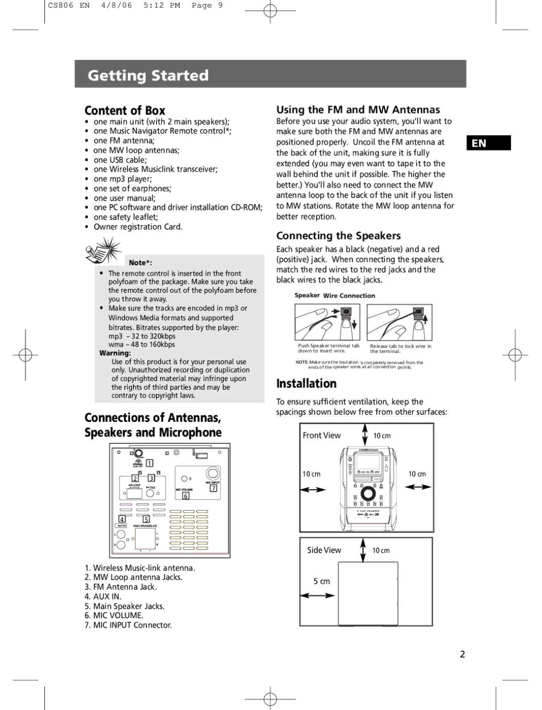 Technicolor - Thomson CS806 user manual Getting Started, Content of Box, Installation 