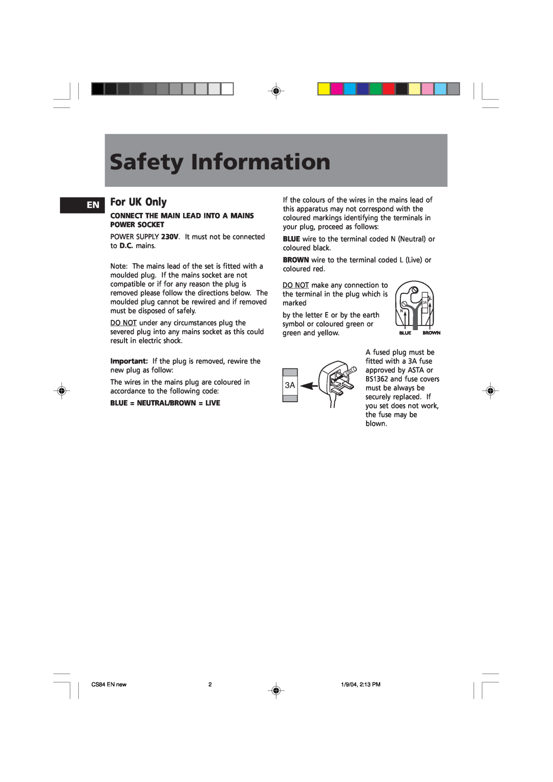 Technicolor - Thomson CS84 manual Safety Information, For UK Only, Connect The Main Lead Into A Mains Power Socket 