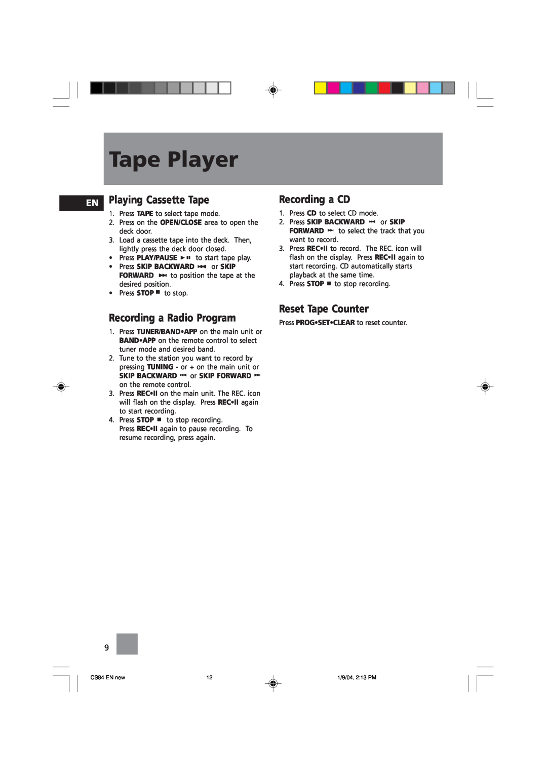 Technicolor - Thomson CS84 manual Tape Player, EN Playing Cassette Tape, Recording a Radio Program, Recording a CD 