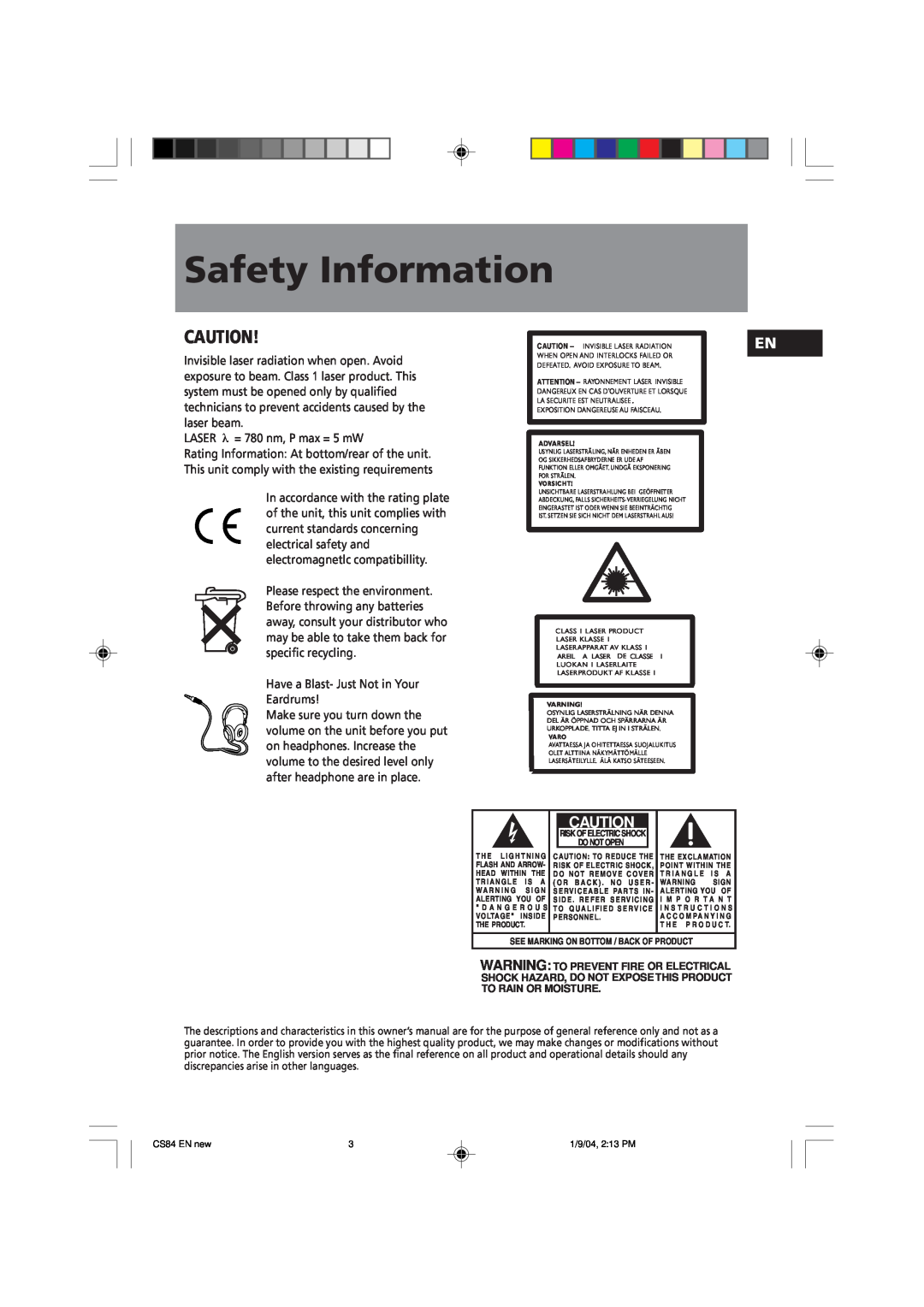 Technicolor - Thomson CS84 manual Safety Information, LASER λ = 780 nm, P max = 5 mW 
