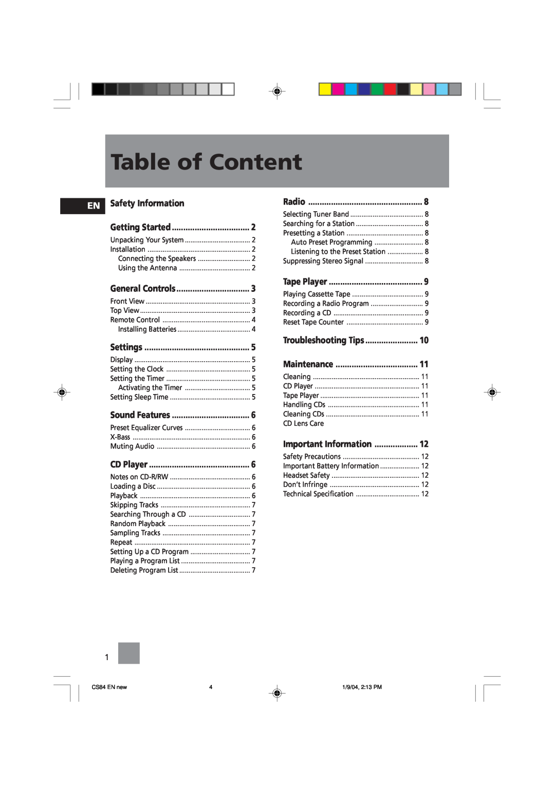 Technicolor - Thomson CS84 manual Table of Content, Safety Information 