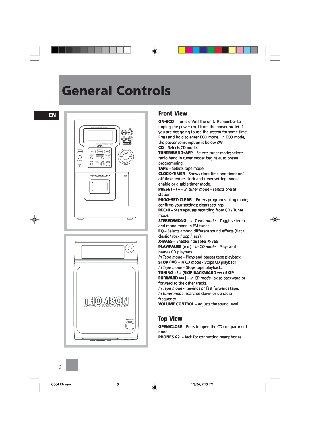 Technicolor - Thomson CS84 manual General Controls, Front View, Top View 