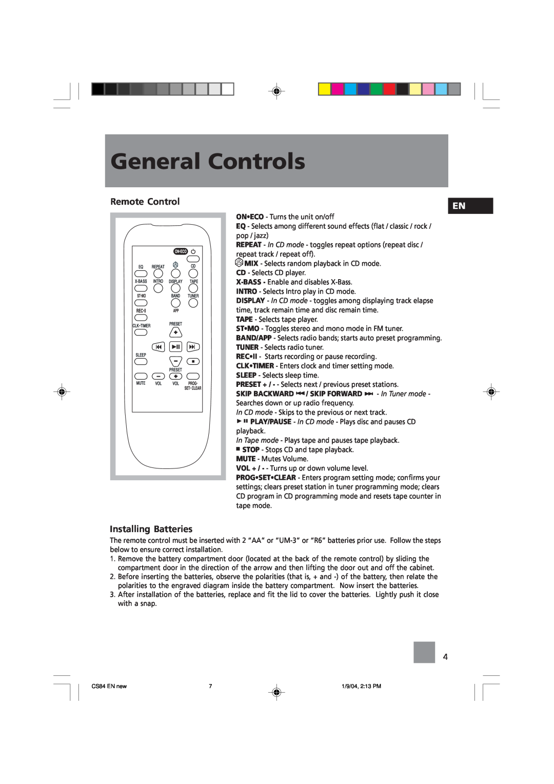Technicolor - Thomson CS84 manual Remote Control, Installing Batteries, General Controls 