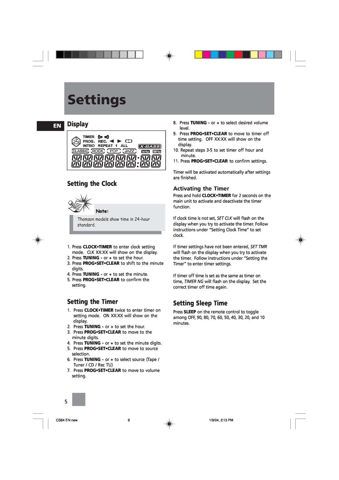 Technicolor - Thomson CS84 manual Settings, Display, Setting the Timer, Setting Sleep Time, Setting the Clock 