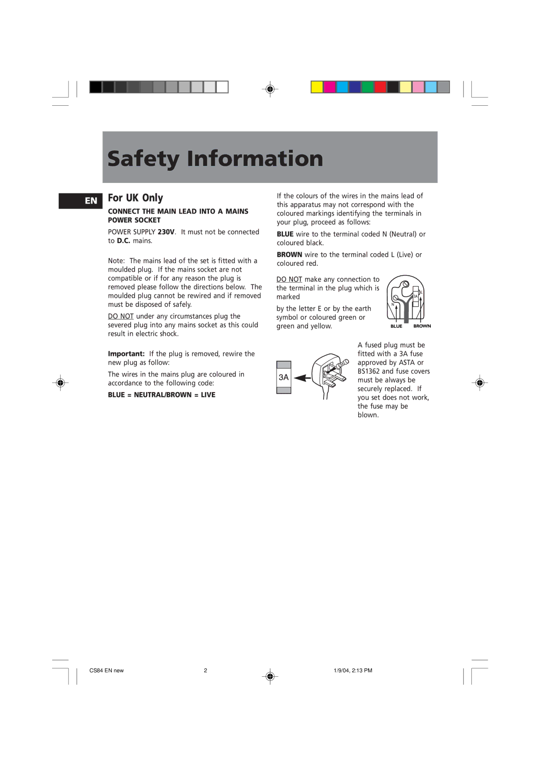 Technicolor - Thomson CS84 manual Safety Information, For UK Only 