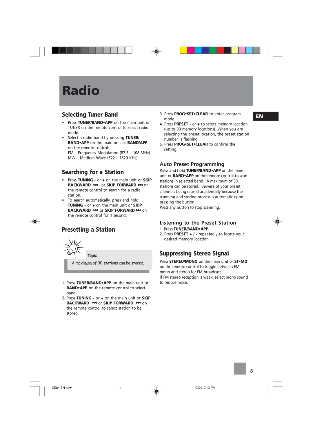 Technicolor - Thomson CS84 manual Radio, Selecting Tuner Band, Searching for a Station, Presetting a Station 