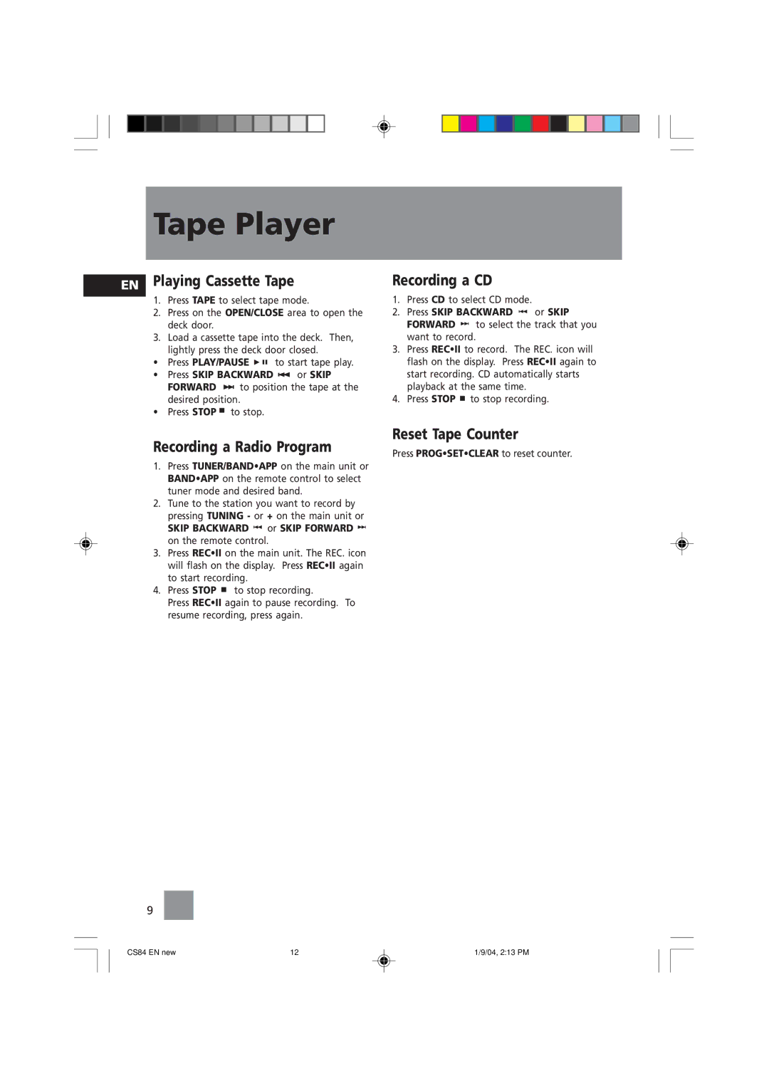 Technicolor - Thomson CS84 manual Tape Player, EN Playing Cassette Tape, Recording a Radio Program, Recording a CD 