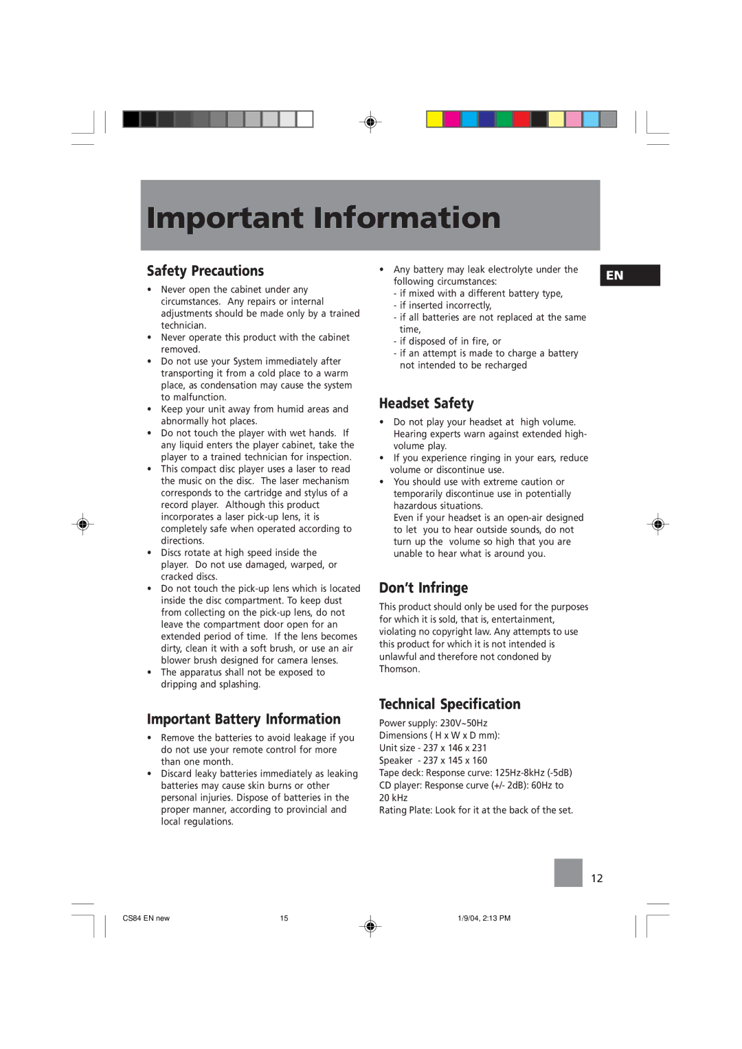 Technicolor - Thomson CS84 manual Important Information 