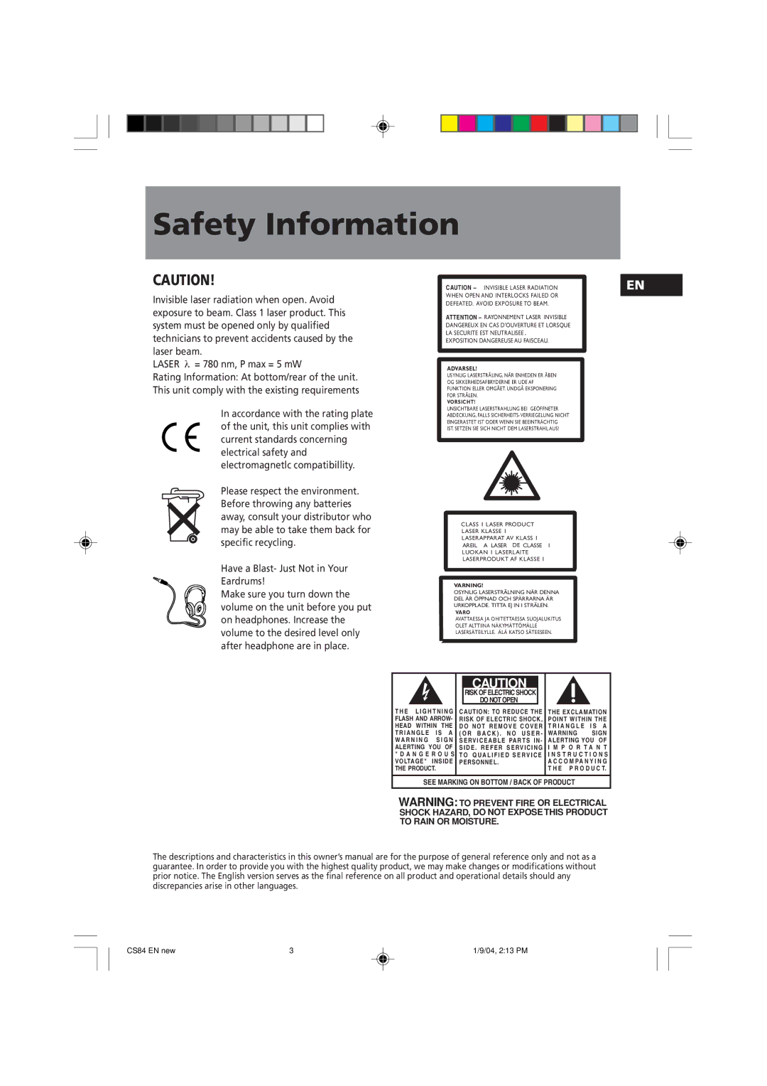 Technicolor - Thomson CS84 manual Shock HAZARD, do not Exposethis Product To Rain or Moisture 