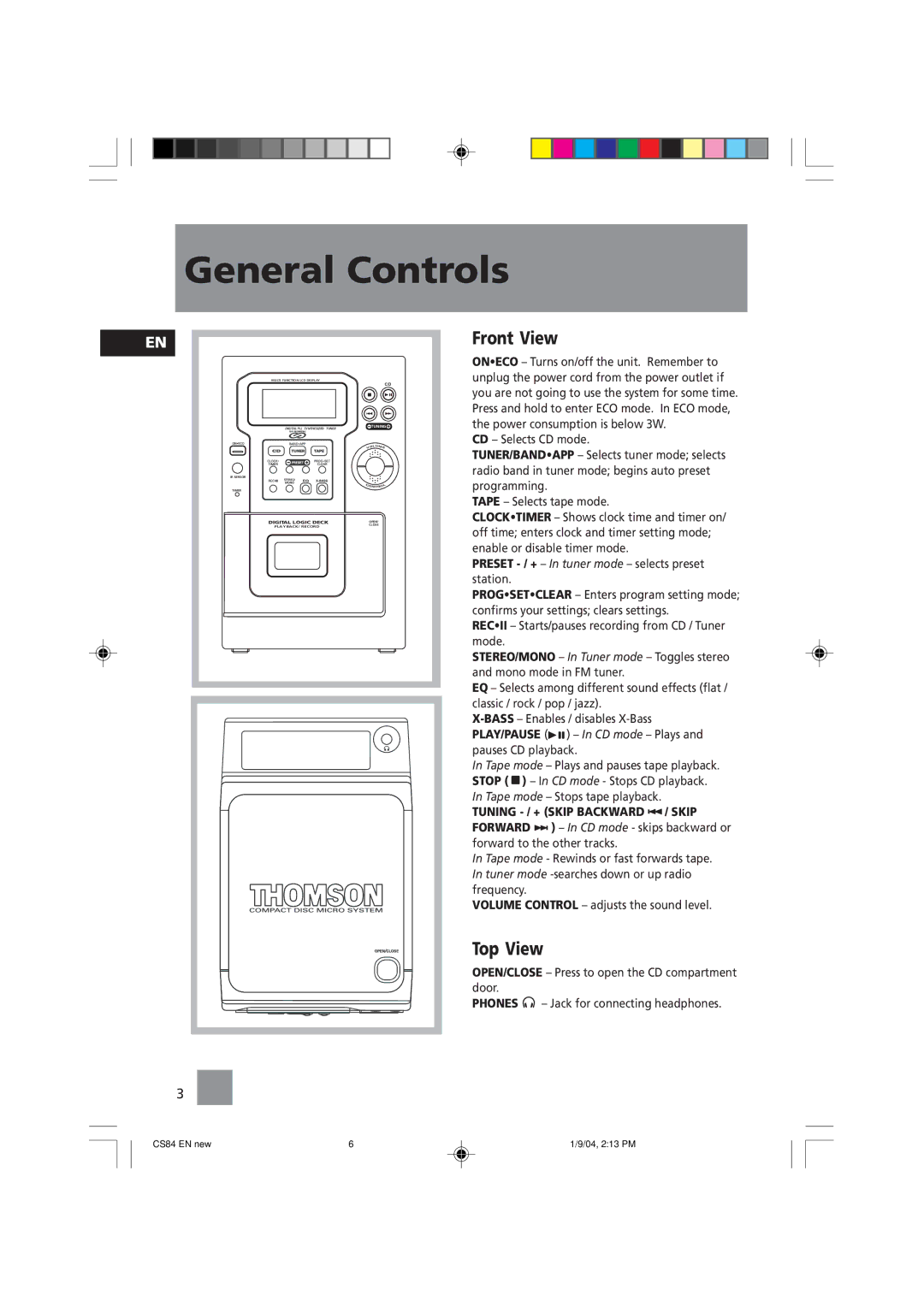 Technicolor - Thomson CS84 manual General Controls, Front View, Top View 