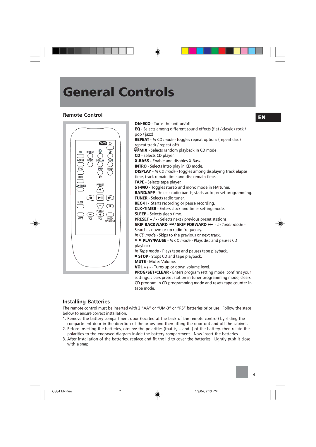 Technicolor - Thomson CS84 manual Remote Control, Installing Batteries 