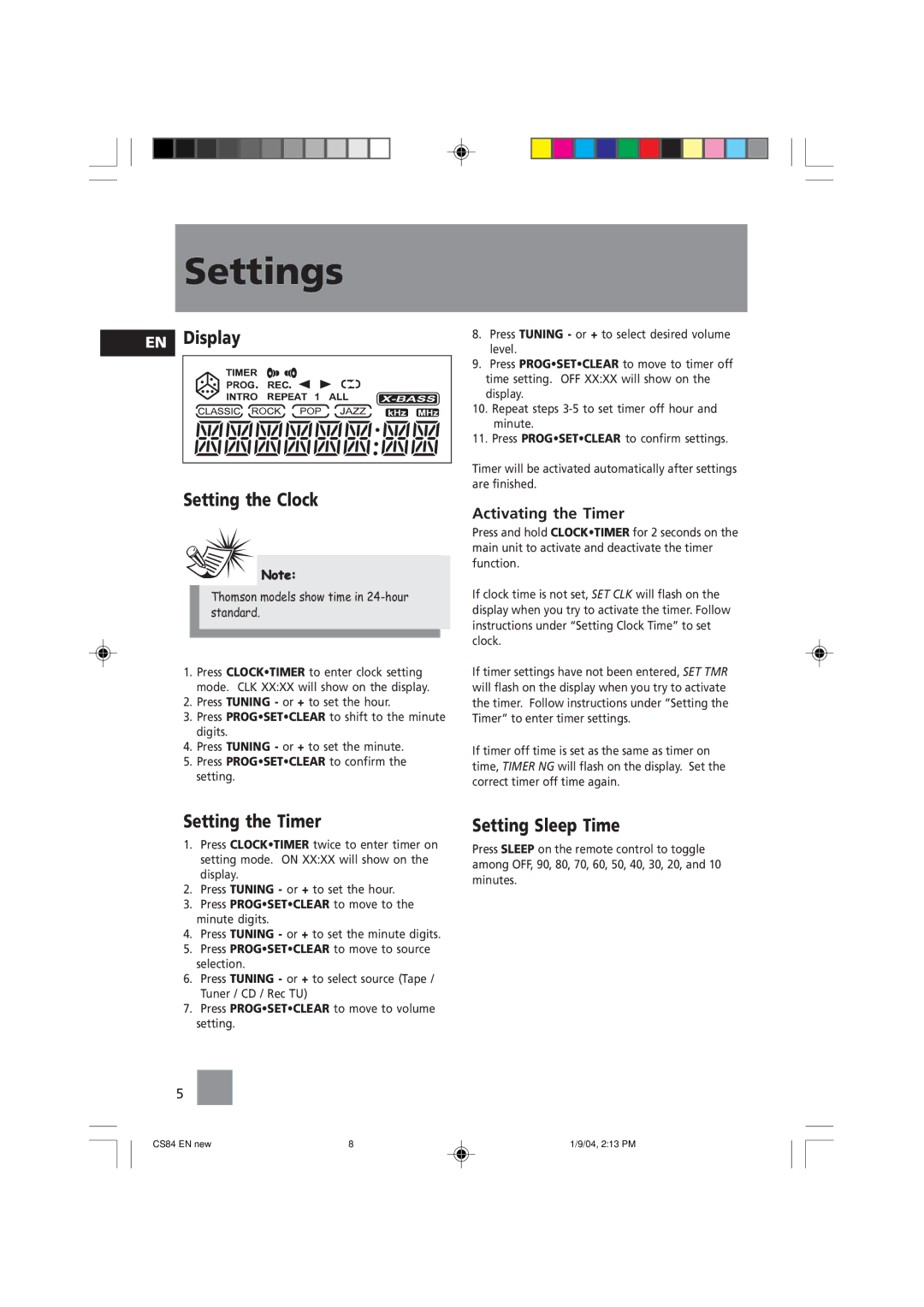 Technicolor - Thomson CS84 manual Settings, Display, Setting the Timer, Setting Sleep Time 