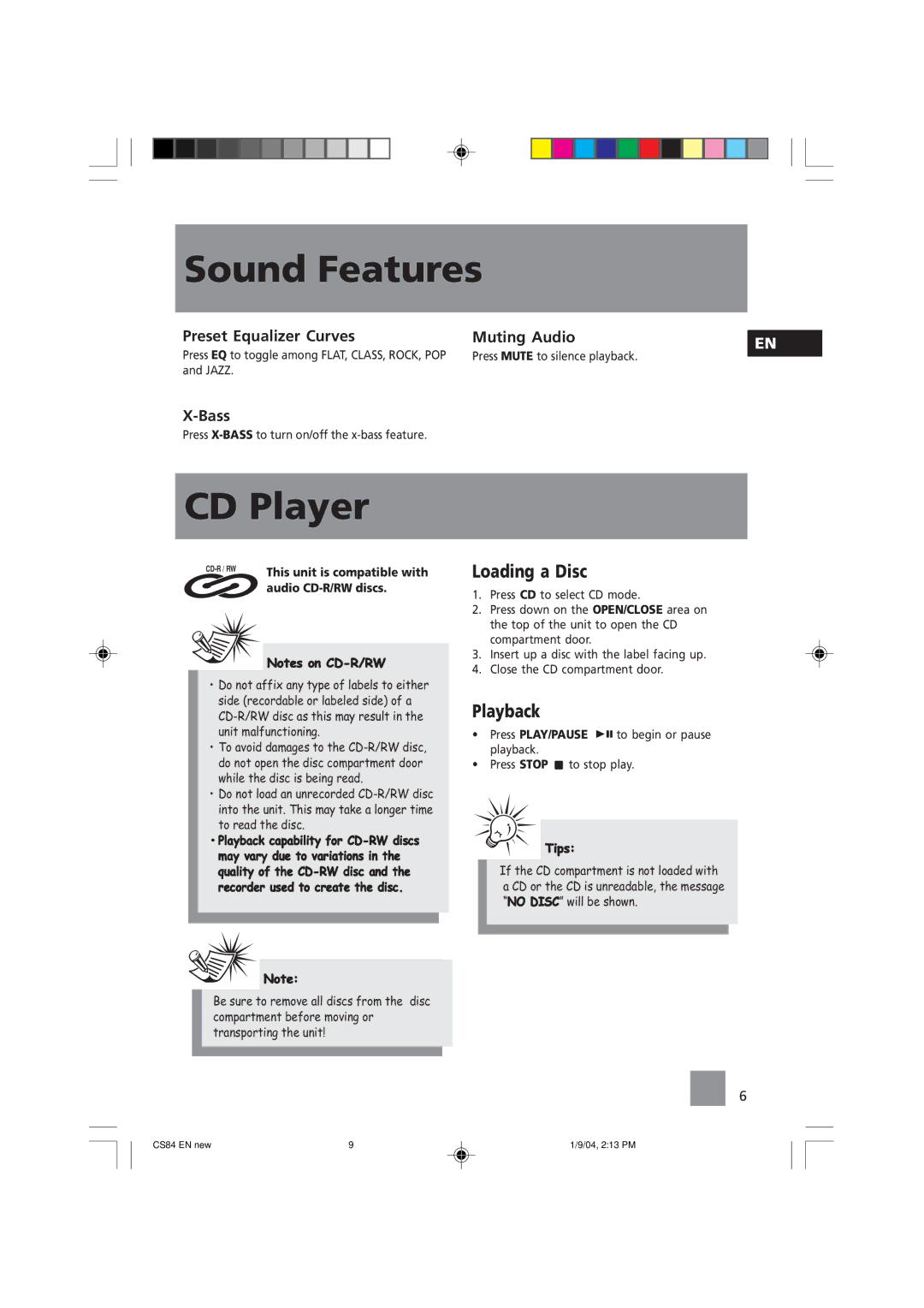 Technicolor - Thomson CS84 manual Sound Features, CD Player, Loading a Disc, Playback 