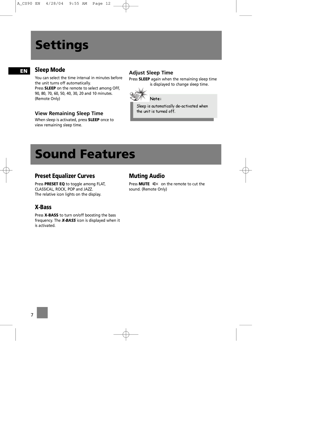 Technicolor - Thomson CS90 manual Sound Features, EN Sleep Mode, Preset Equalizer Curves, Muting Audio, Bass 