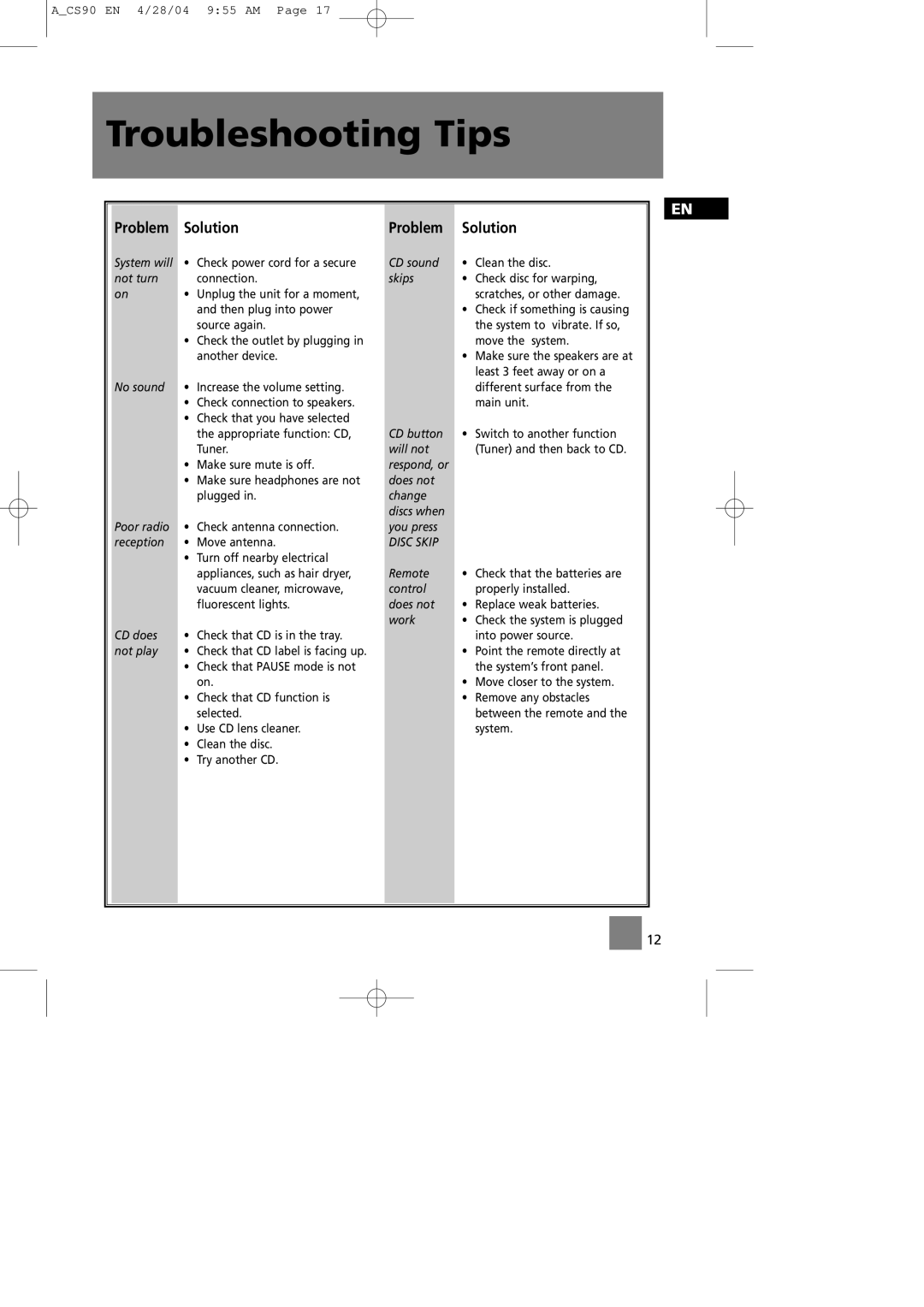 Technicolor - Thomson CS90 manual Troubleshooting Tips, Problem Solution 