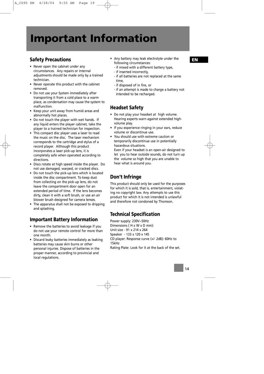 Technicolor - Thomson CS90 manual Important Information 