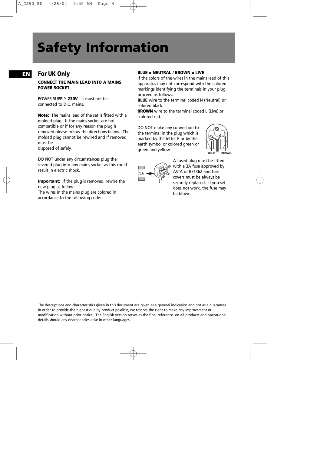 Technicolor - Thomson CS90 manual Safety Information, EN For UK Only 