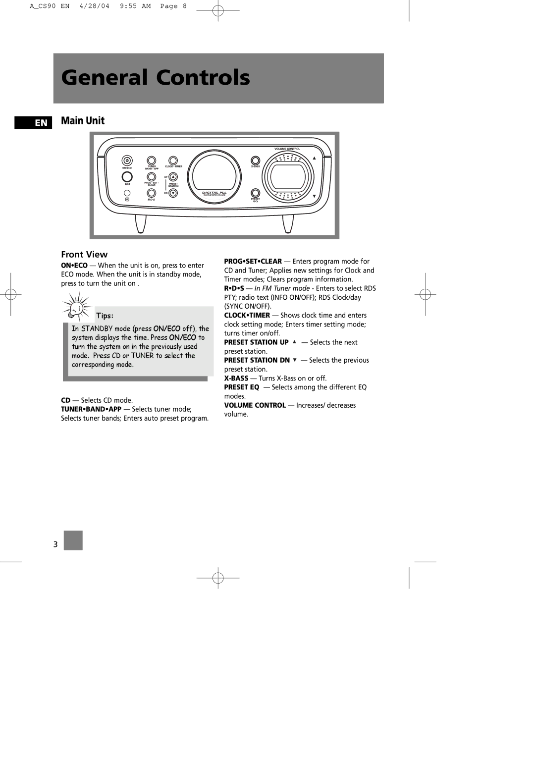 Technicolor - Thomson CS90 manual General Controls, EN Main Unit, Front View, Volume Control Increases/ decreases volume 