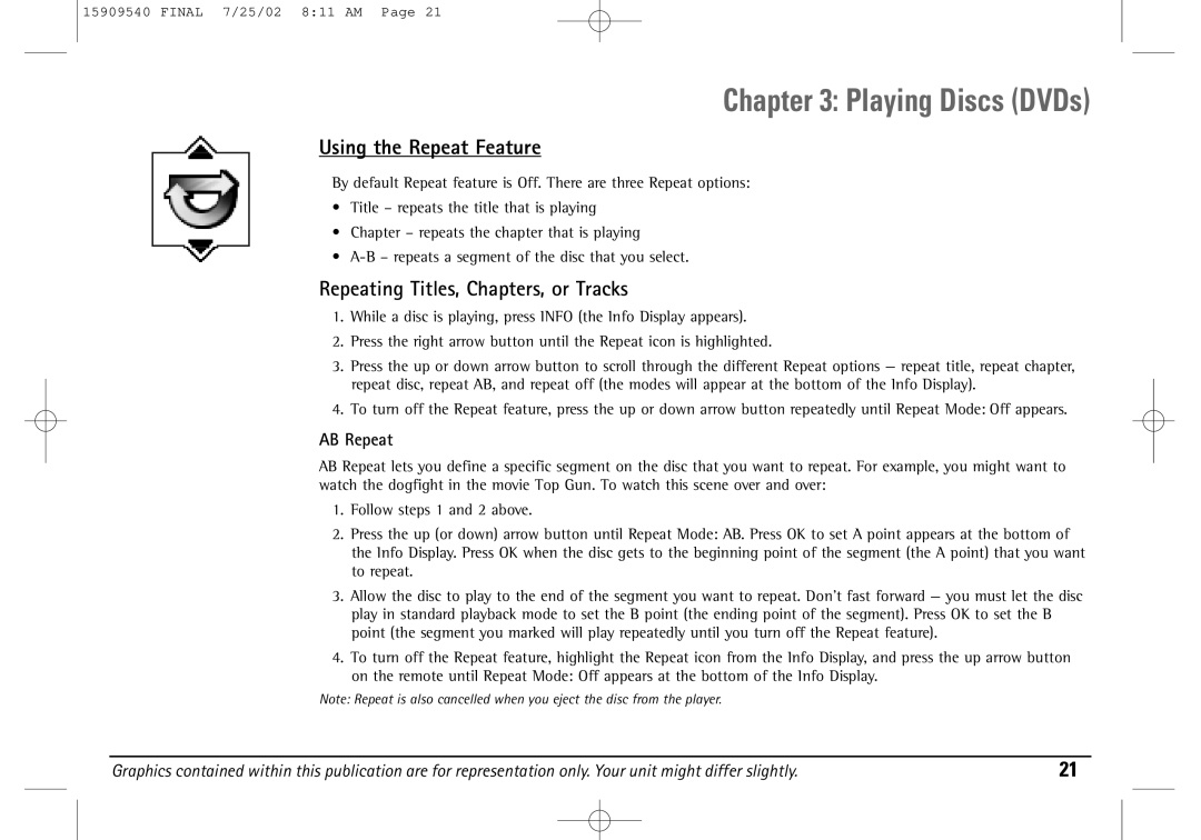 Technicolor - Thomson DGE505N manual Using the Repeat Feature, Repeating Titles, Chapters, or Tracks, AB Repeat 