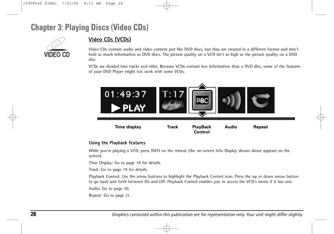 Technicolor - Thomson DGE505N Playing Discs Video CDs, Video CDs VCDs, Using the Playback features, Time display Track 