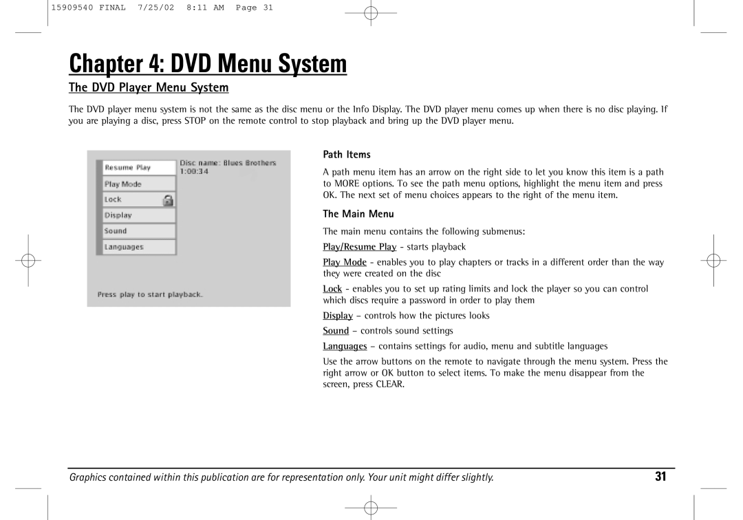 Technicolor - Thomson DGE505N manual DVD Player Menu System, Path Items, Main Menu 