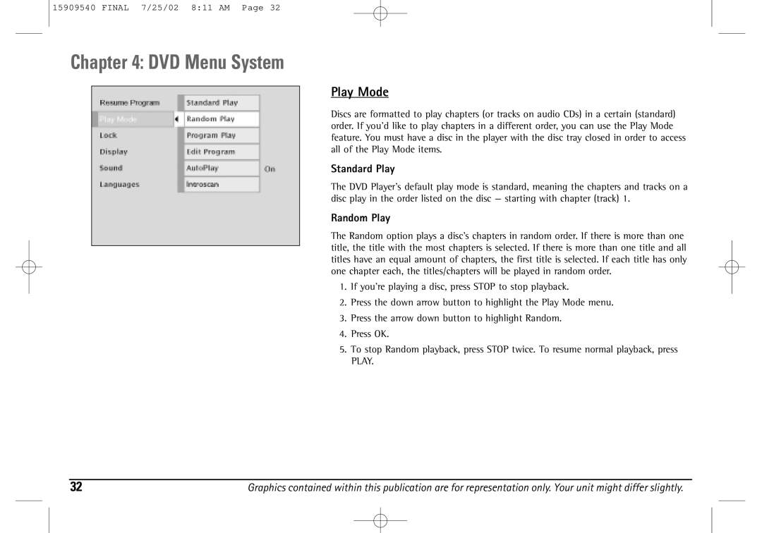 Technicolor - Thomson DGE505N manual DVD Menu System, Play Mode, Standard Play, Random Play 