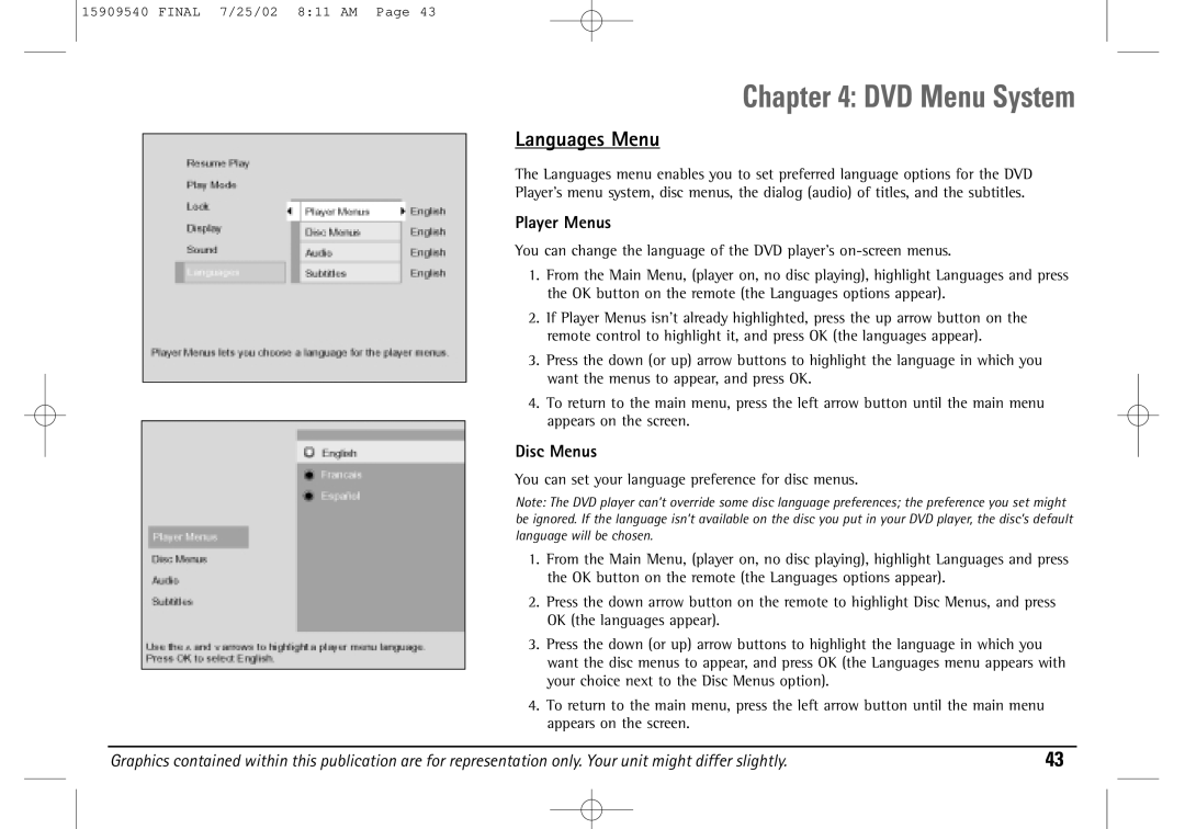 Technicolor - Thomson DGE505N manual Languages Menu, Player Menus, Disc Menus 