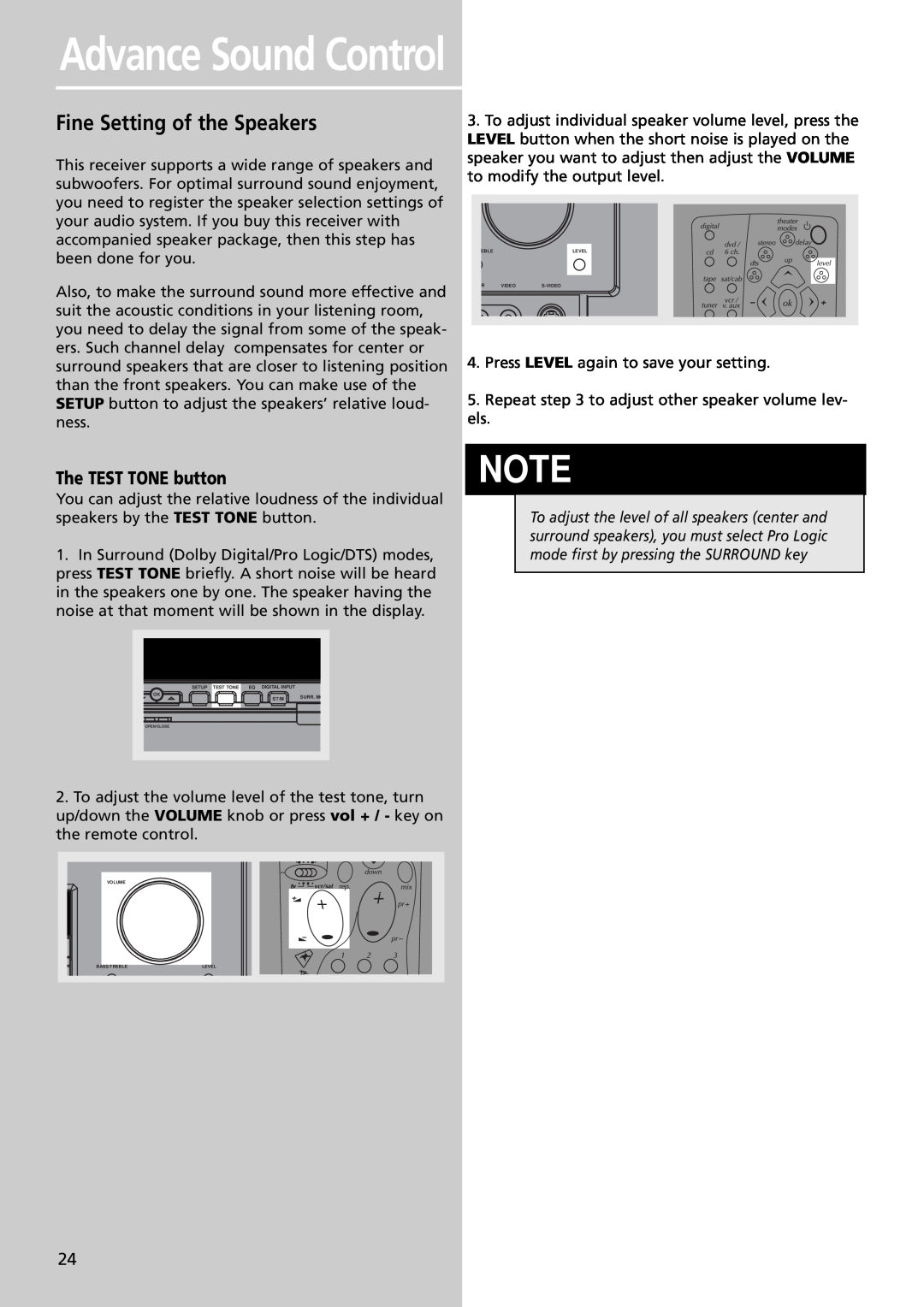 Technicolor - Thomson DPL4000 manual Advance Sound Control, Fine Setting of the Speakers, The TEST TONE button 