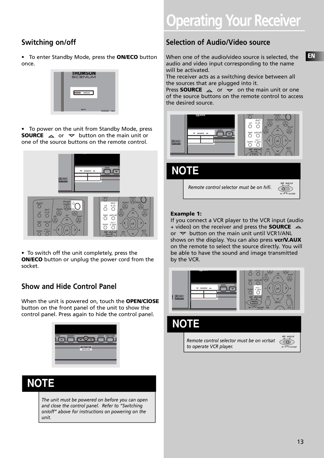 Technicolor - Thomson DPL4000 manual Switching on/off Selection of Audio/Video source, Show and Hide Control Panel 