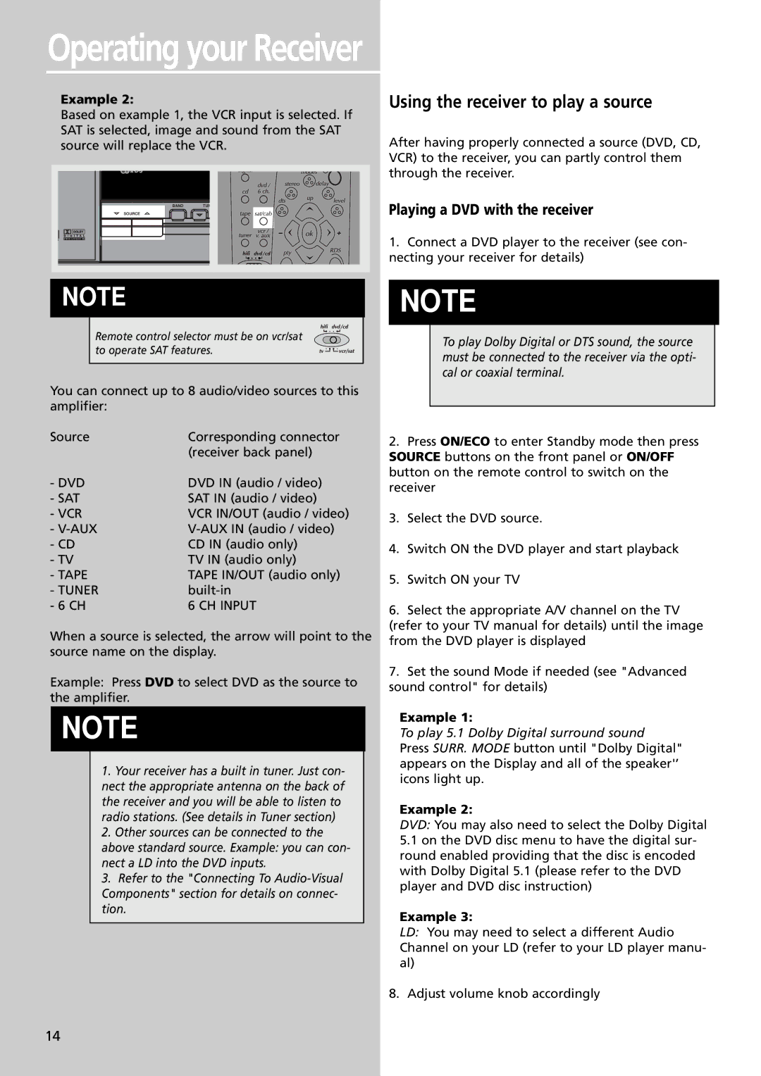 Technicolor - Thomson DPL4000 manual Using the receiver to play a source, Playing a DVD with the receiver 