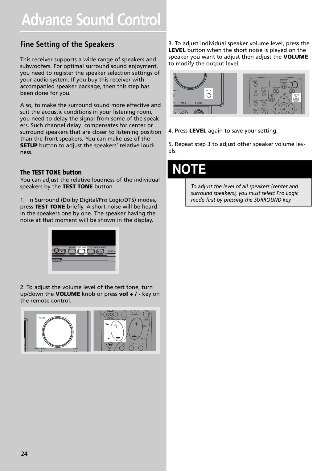 Technicolor - Thomson DPL4000 manual Advance Sound Control, Fine Setting of the Speakers, Test Tone button 