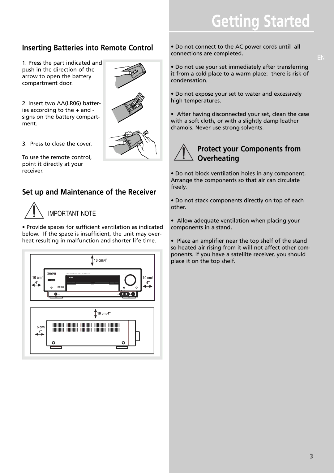 Technicolor - Thomson DPL4000 manual Protect your Components from Overheating, Inserting Batteries into Remote Control 