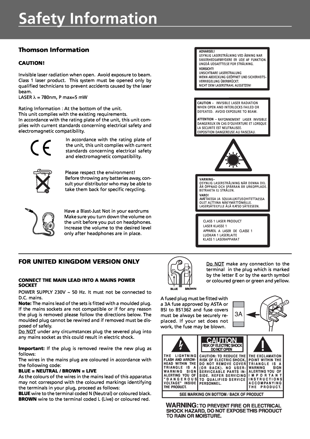 Technicolor - Thomson DPL4911 manual Safety Information, Thomson Information, For United Kingdom Version Only 