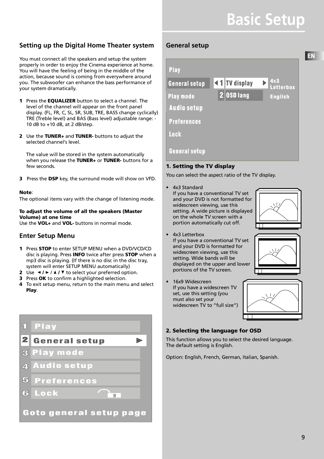 Technicolor - Thomson DPL4911 Basic Setup, Setting up the Digital Home Theater system, Enter Setup Menu, General setup 