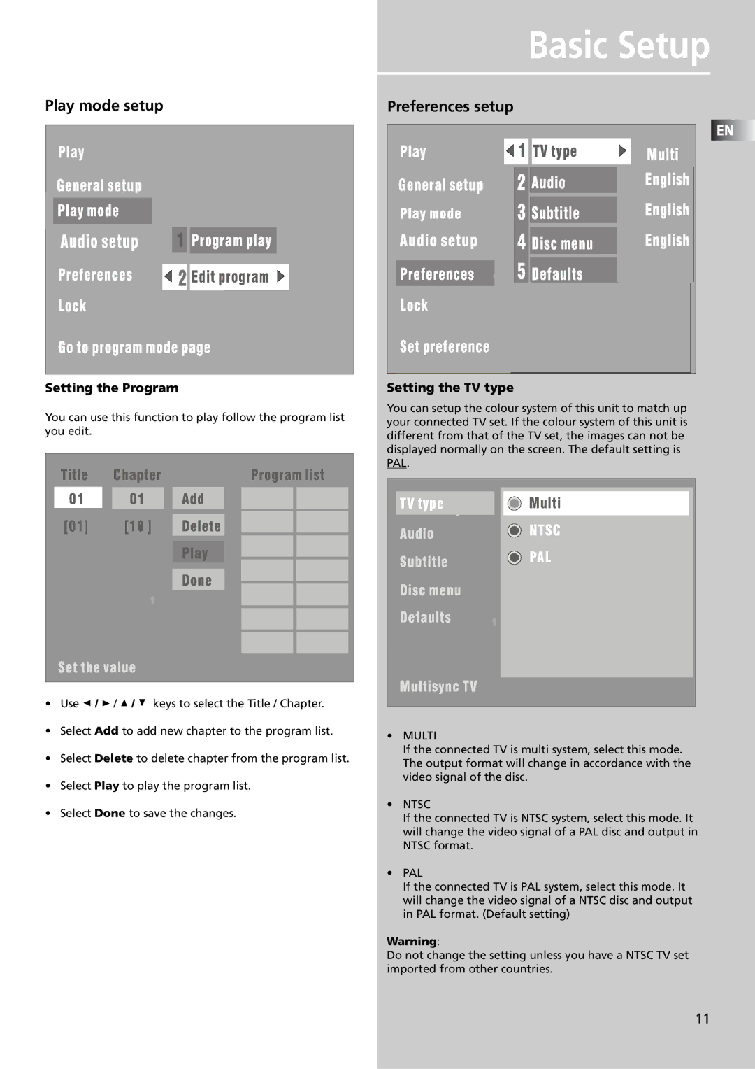 Technicolor - Thomson DPL4911 manual Play mode setup, Preferences setup, Setting the Program, Setting the TV type 