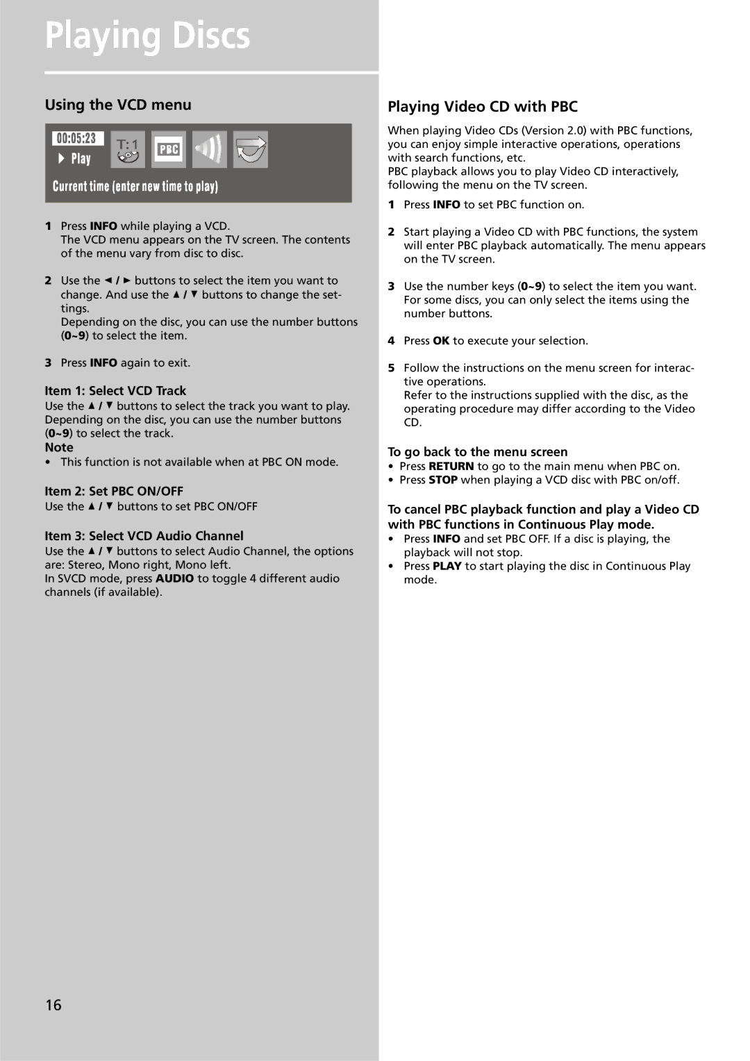 Technicolor - Thomson DPL4911 manual Using the VCD menu, Playing Video CD with PBC 