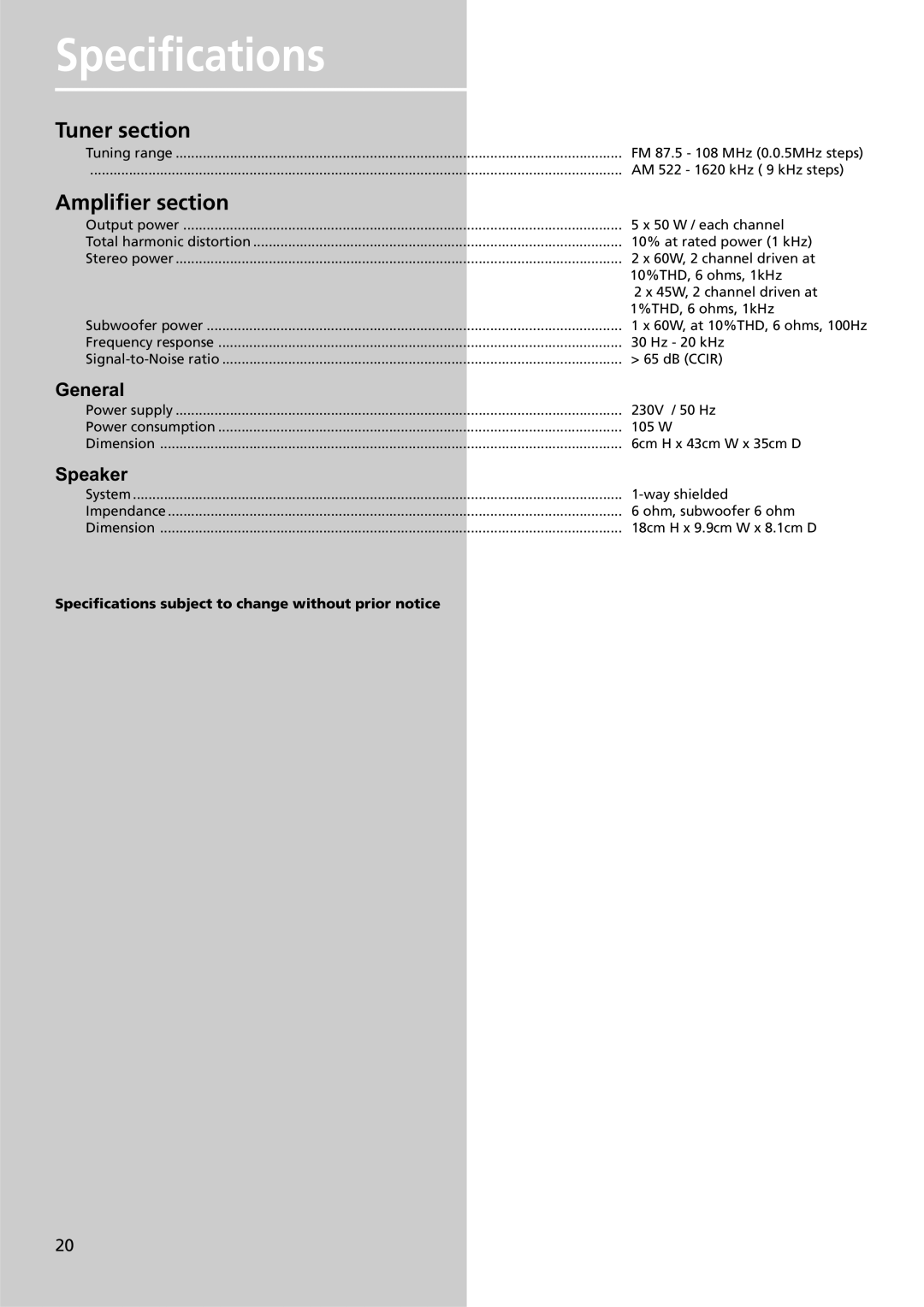 Technicolor - Thomson DPL4911 manual Specifications, Tuner section, Amplifier section, General, Speaker 