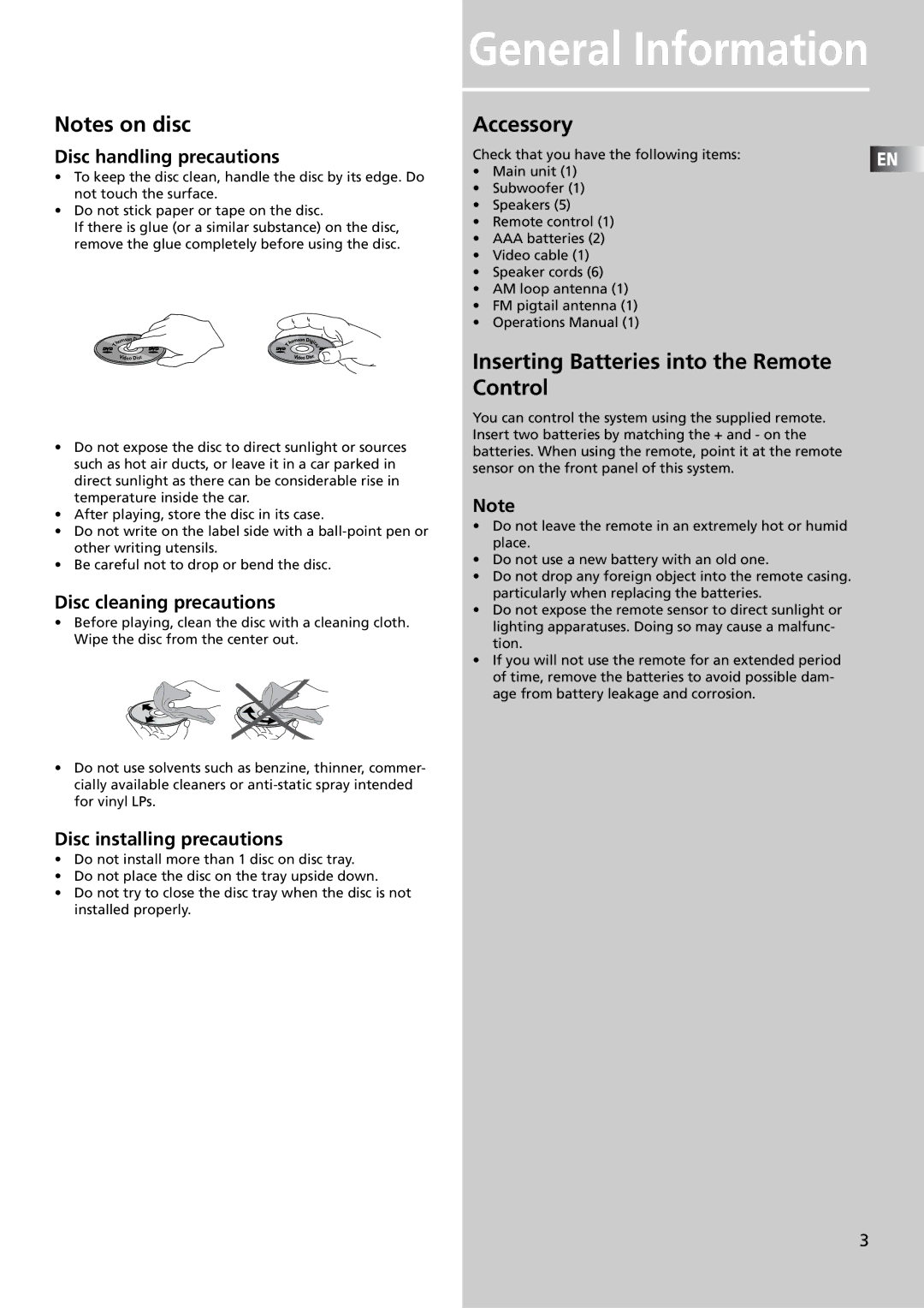 Technicolor - Thomson DPL4911 manual Accessory, Inserting Batteries into the Remote Control, Disc handling precautions 