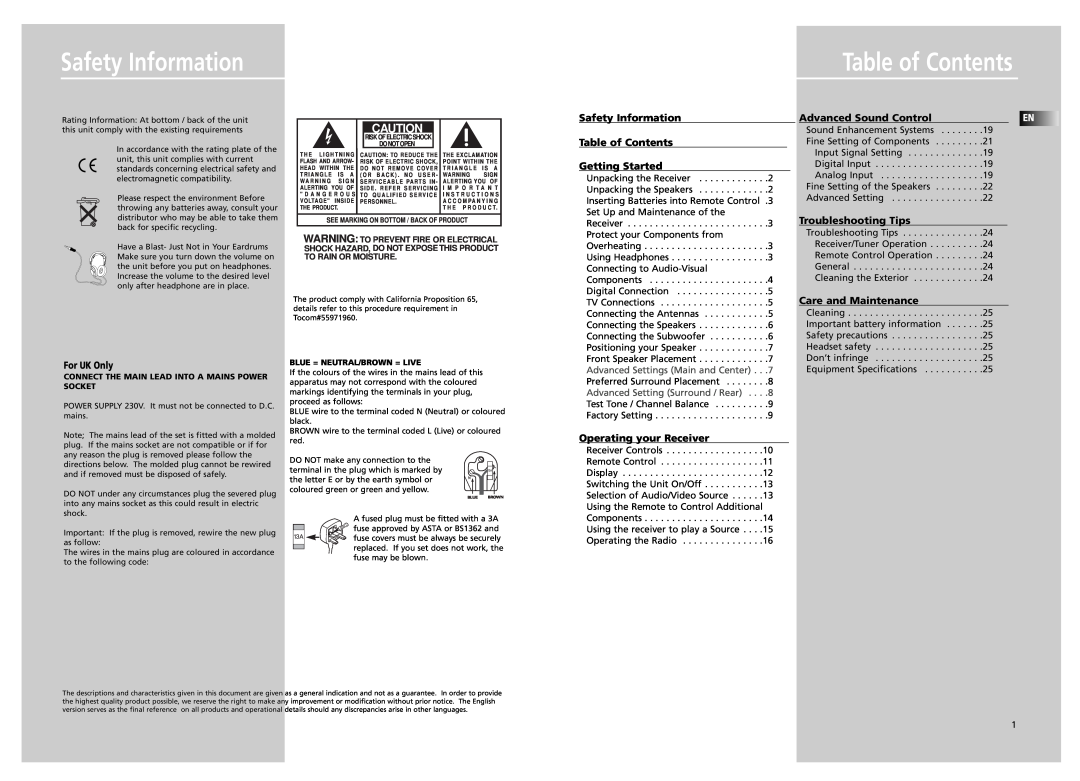 Technicolor - Thomson DPL5000 manual Safety Information Table of Contents, Getting Started, Operating your Receiver 