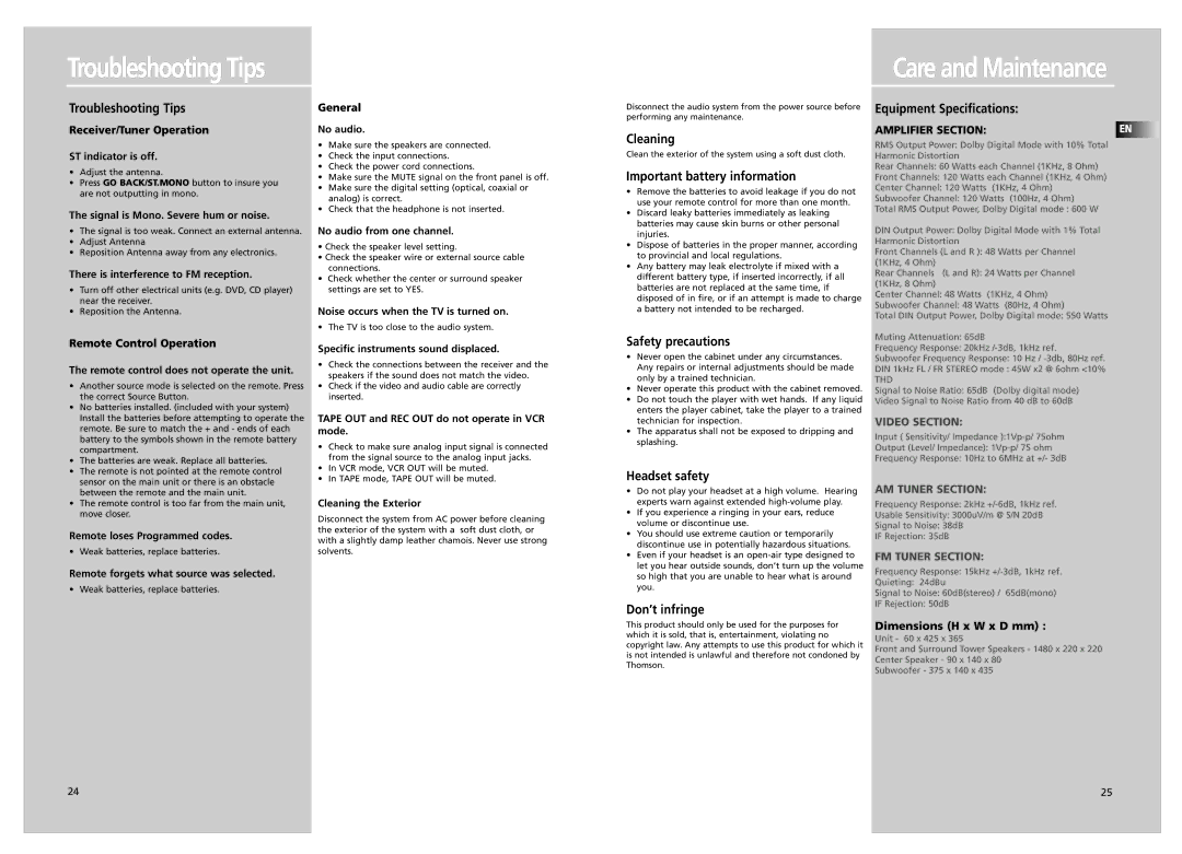 Technicolor - Thomson DPL5000 manual Troubleshooting Tips Care and Maintenance 