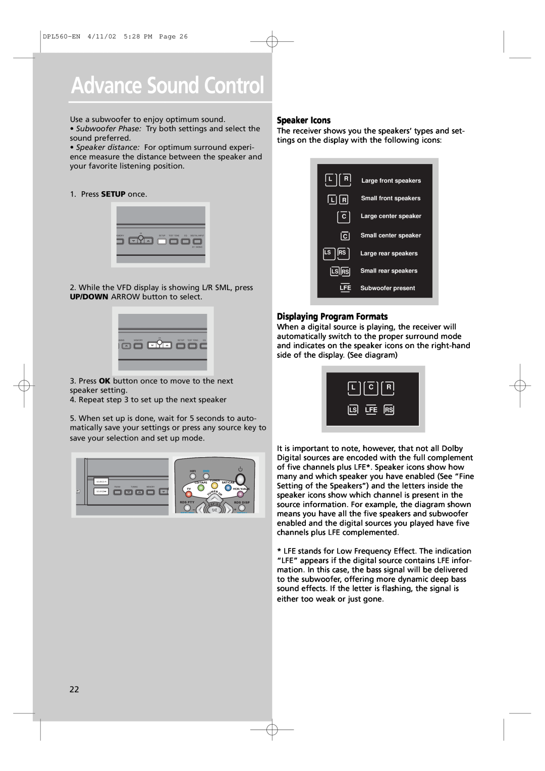 Technicolor - Thomson DPL560HT manual Advance Sound Control, Speaker Icons, Displaying Program Formats 