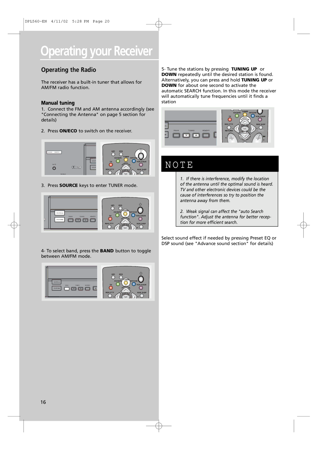 Technicolor - Thomson DPL560HT manual Operating the Radio, Manual tuning 